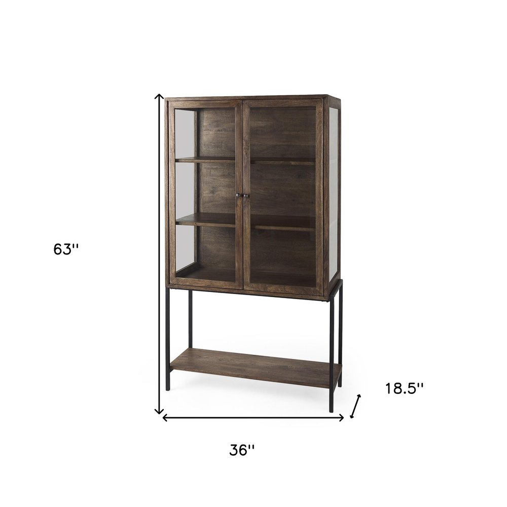 36" Brown and Black Solid Wood and Metal Display Cabinet With Two Doors HomeRoots