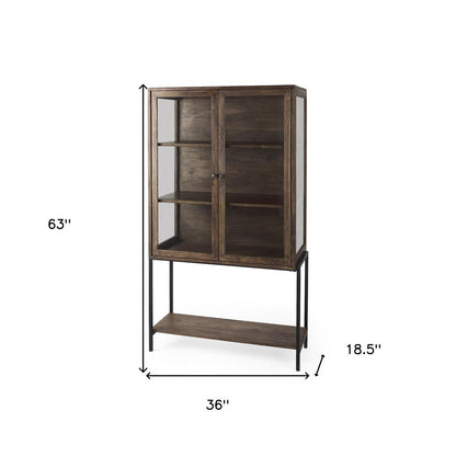 36" Brown and Black Solid Wood and Metal Display Cabinet With Two Doors HomeRoots