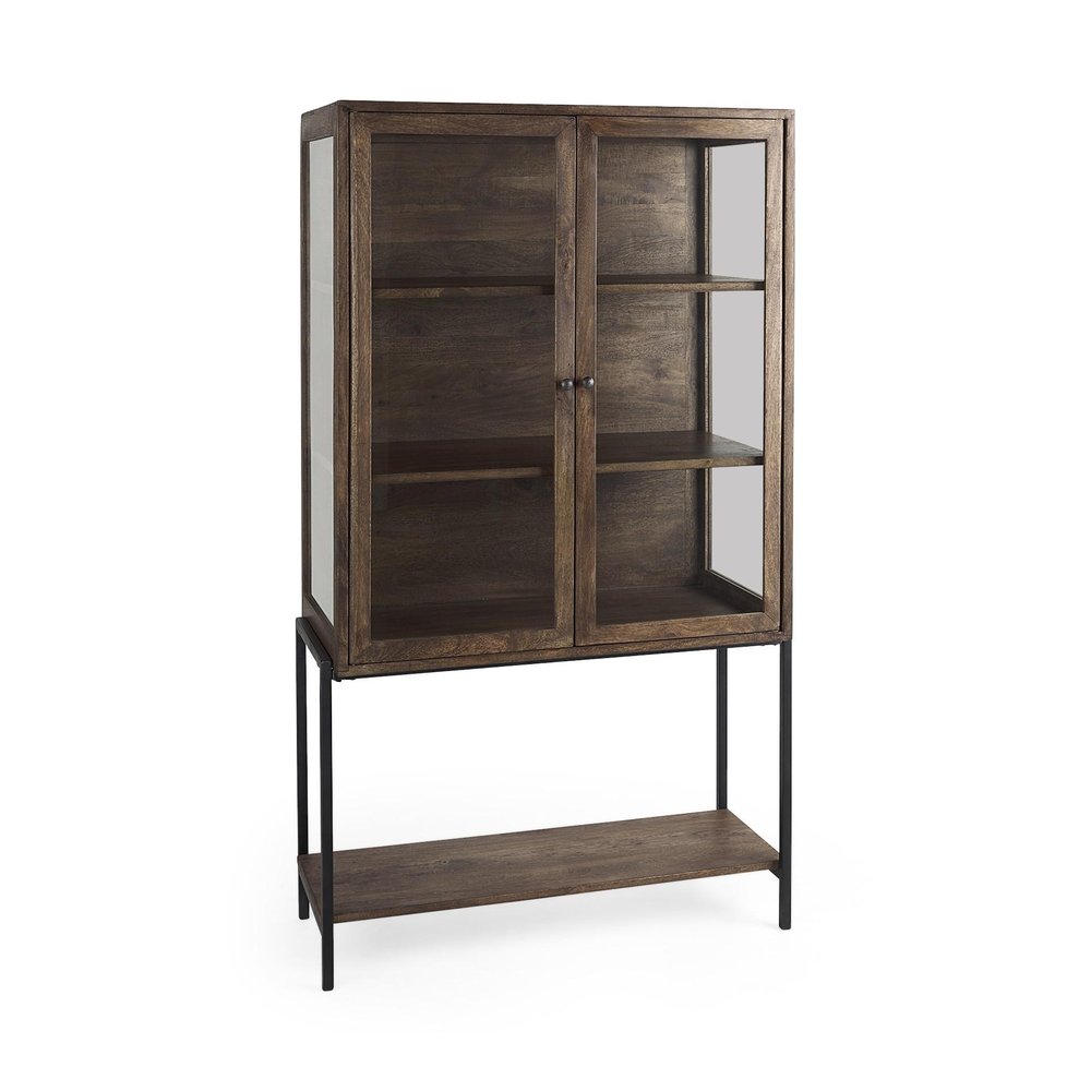36" Brown and Black Solid Wood and Metal Display Cabinet With Two Doors HomeRoots