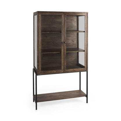 36" Brown and Black Solid Wood and Metal Display Cabinet With Two Doors HomeRoots