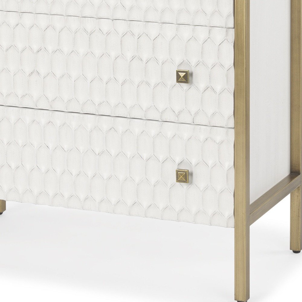 32" White and Gold Wood and Metal Carved Geometric Accent Cabinet With Three Drawers HomeRoots
