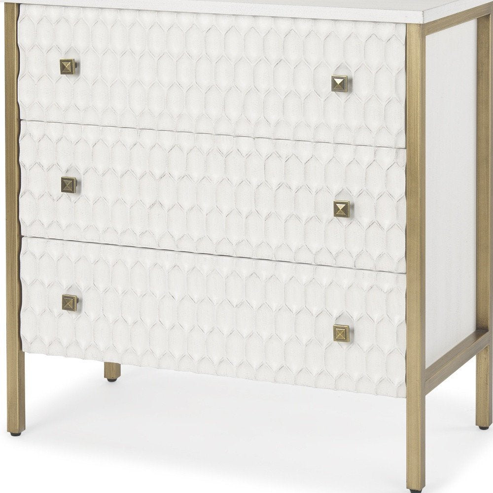 32" White and Gold Wood and Metal Carved Geometric Accent Cabinet With Three Drawers HomeRoots