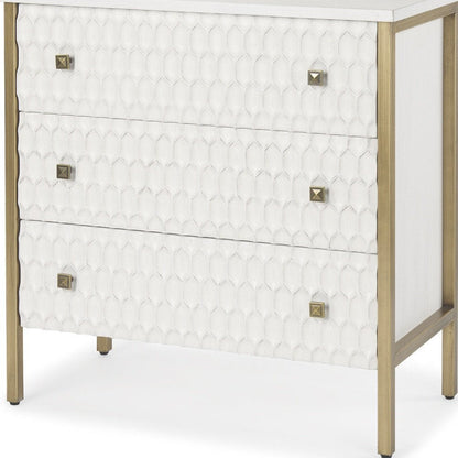 32" White and Gold Wood and Metal Carved Geometric Accent Cabinet With Three Drawers HomeRoots
