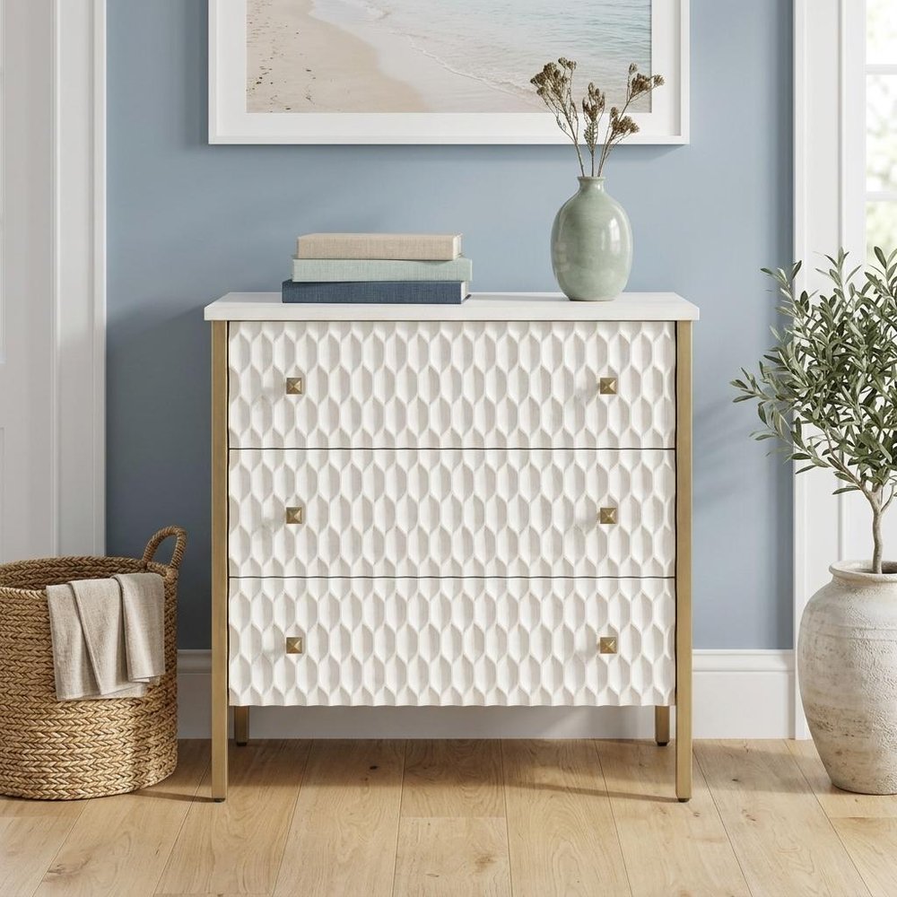 32" White and Gold Wood and Metal Carved Geometric Accent Cabinet With Three Drawers HomeRoots