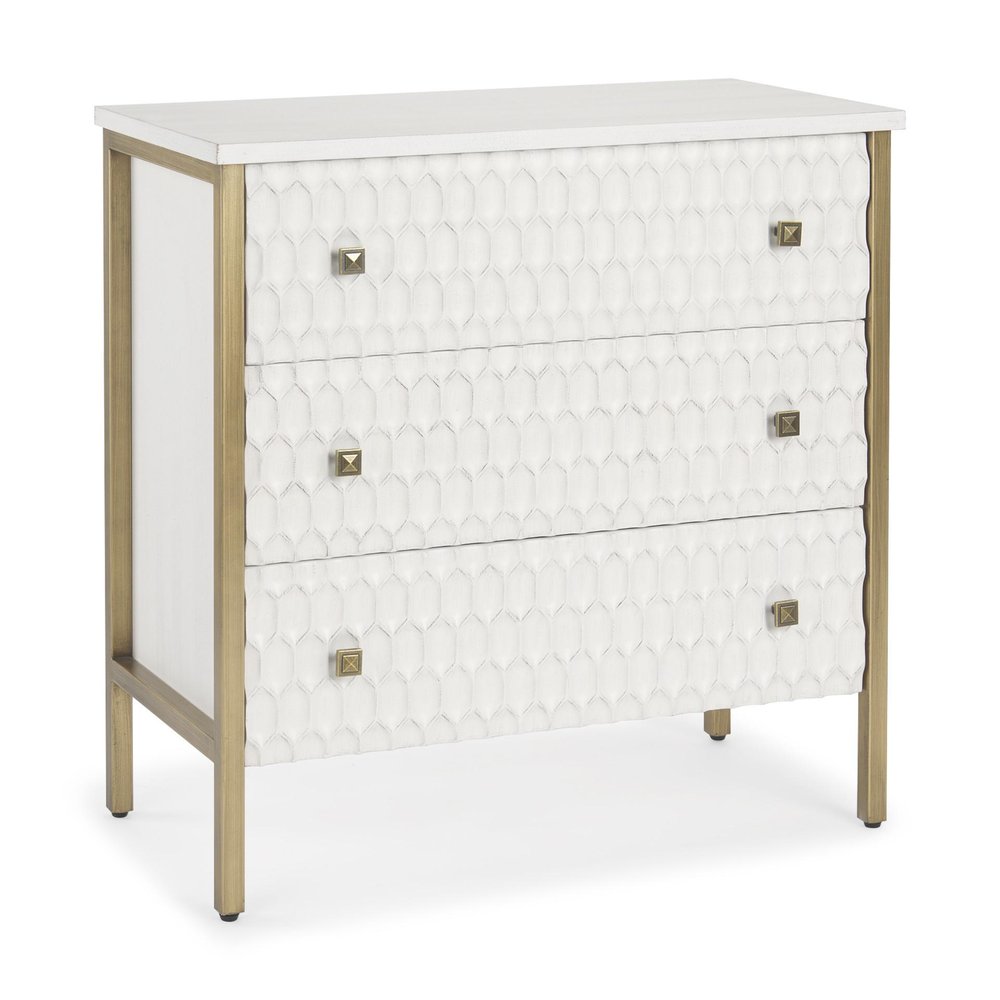 32" White and Gold Wood and Metal Carved Geometric Accent Cabinet With Three Drawers HomeRoots