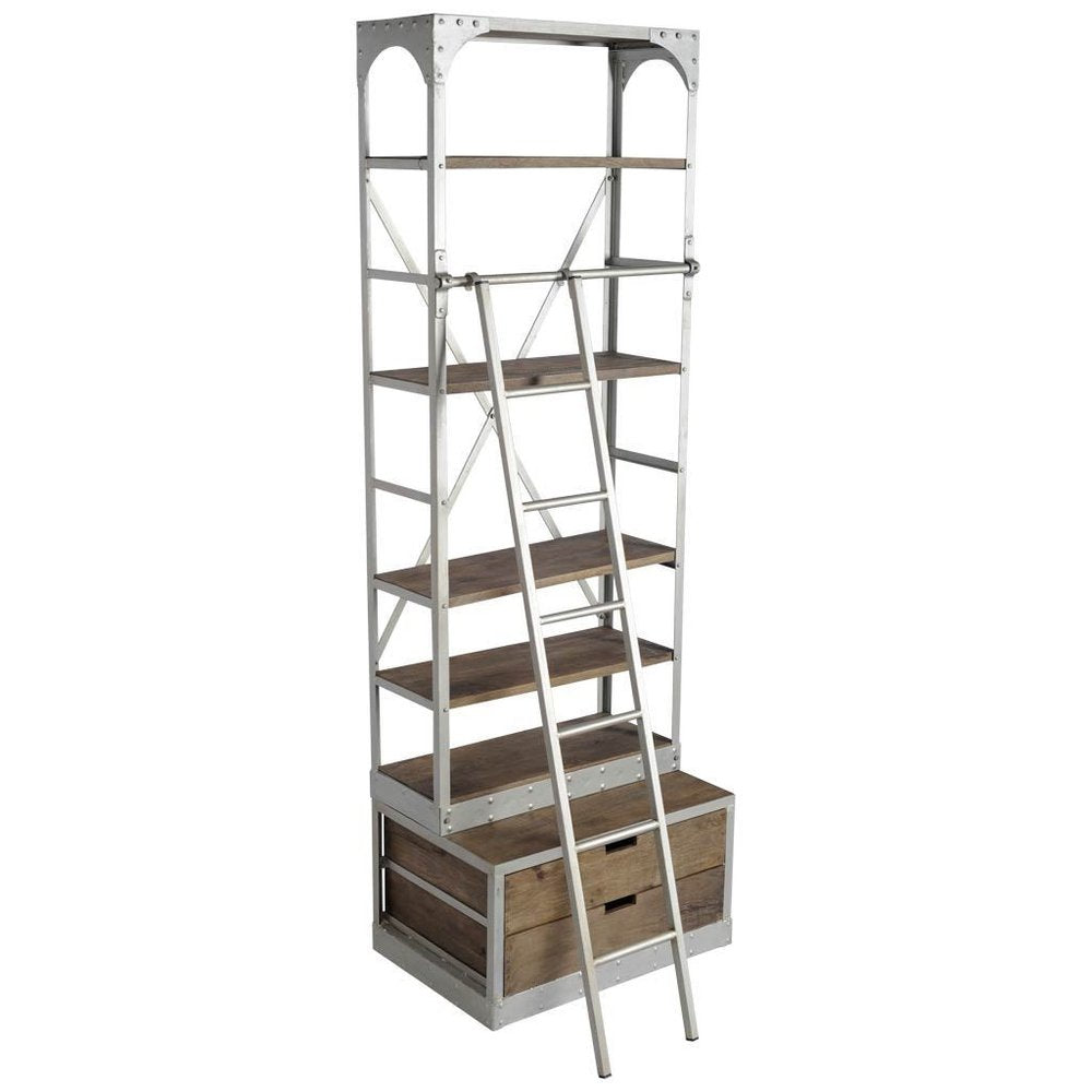 32" Light Brown And Nickel Metal and Solid Wood Five Tier Library Bookcase with Two Drawers HomeRoots