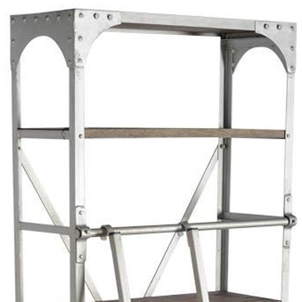 32" Light Brown And Nickel Metal and Solid Wood Five Tier Library Bookcase with Two Drawers HomeRoots