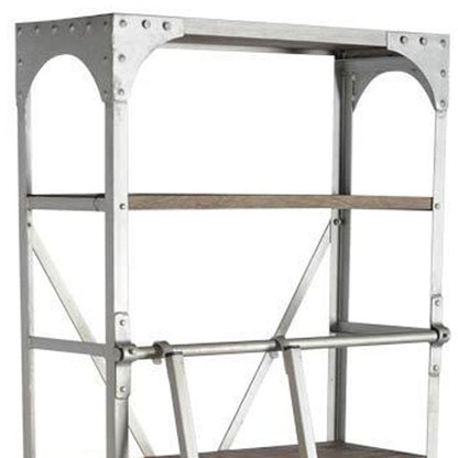 32" Light Brown And Nickel Metal and Solid Wood Five Tier Library Bookcase with Two Drawers HomeRoots