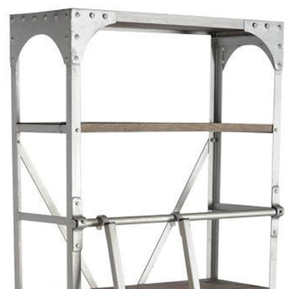 32" Light Brown And Nickel Metal and Solid Wood Five Tier Library Bookcase with Two Drawers