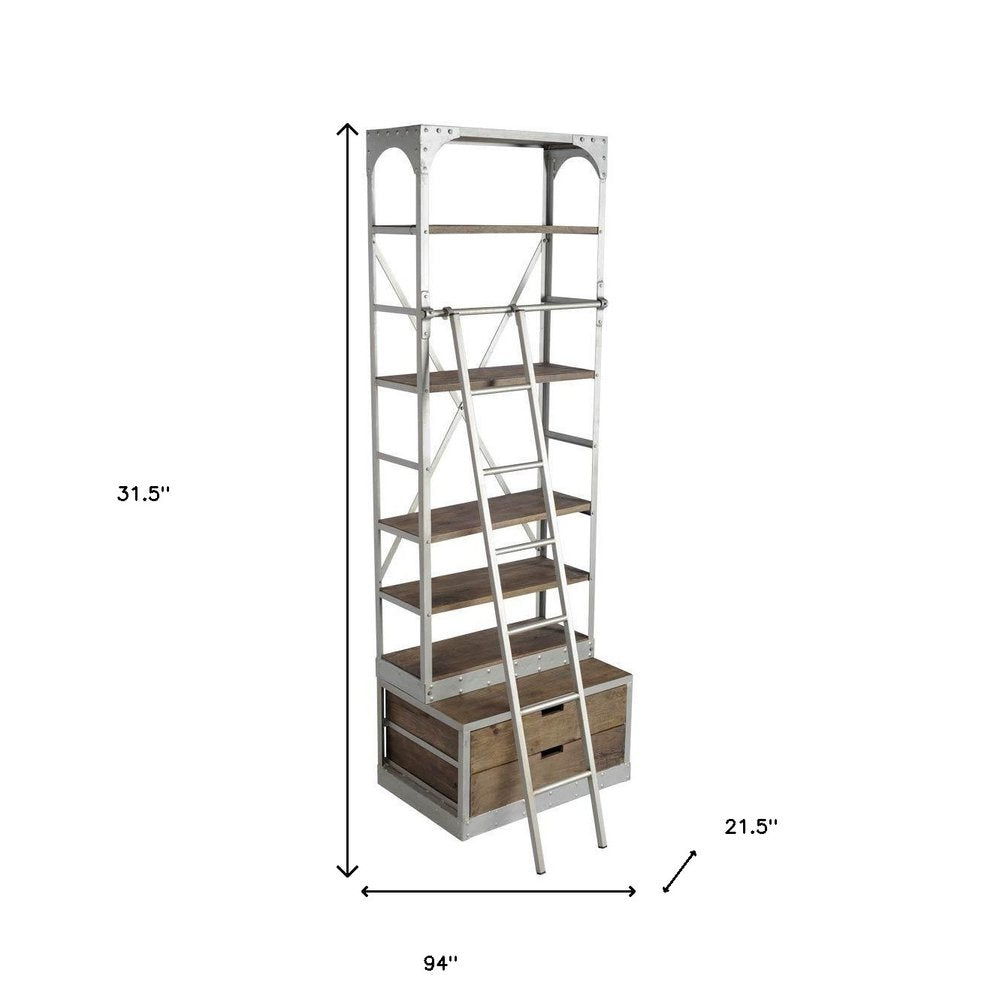 32" Light Brown And Nickel Metal and Solid Wood Five Tier Library Bookcase with Two Drawers HomeRoots