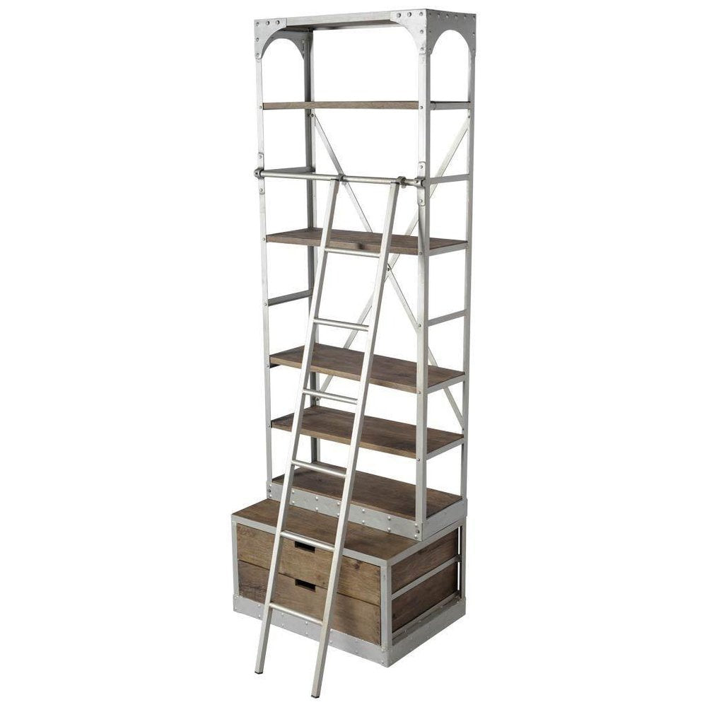 32" Light Brown And Nickel Metal and Solid Wood Five Tier Library Bookcase with Two Drawers HomeRoots