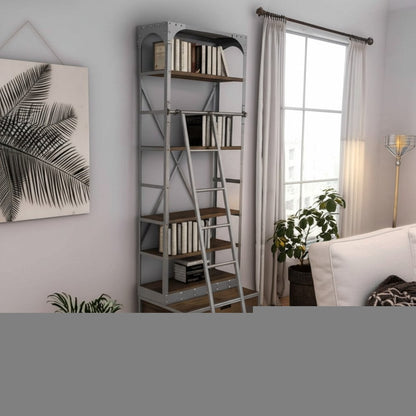 32" Light Brown And Nickel Metal and Solid Wood Five Tier Library Bookcase with Two Drawers