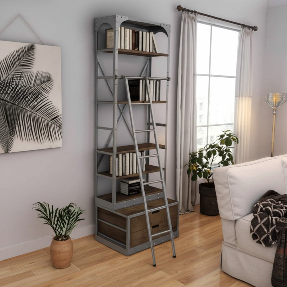 32" Light Brown And Nickel Metal and Solid Wood Five Tier Library Bookcase with Two Drawers HomeRoots