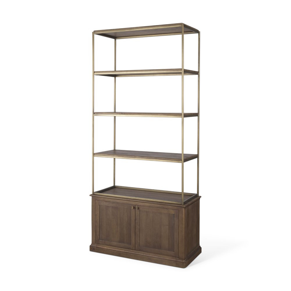 42" Antiqued Brass And Brown Distressed Metal and Solid Wood Four Tier Bookcase with Two Doors HomeRoots