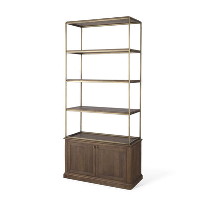 42" Antiqued Brass And Brown Distressed Metal and Solid Wood Four Tier Bookcase with Two Doors HomeRoots