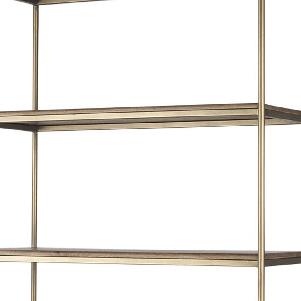 42" Antiqued Brass And Brown Distressed Metal and Solid Wood Four Tier Bookcase with Two Doors HomeRoots