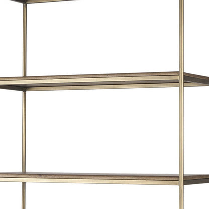 42" Antiqued Brass And Brown Distressed Metal and Solid Wood Four Tier Bookcase with Two Doors HomeRoots