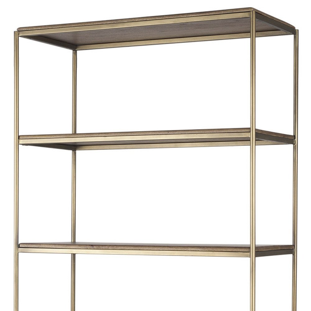 42" Antiqued Brass And Brown Distressed Metal and Solid Wood Four Tier Bookcase with Two Doors — view 3
