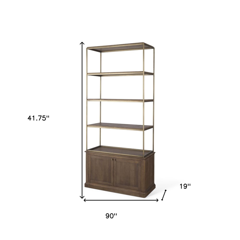 42" Antiqued Brass And Brown Distressed Metal and Solid Wood Four Tier Bookcase with Two Doors HomeRoots