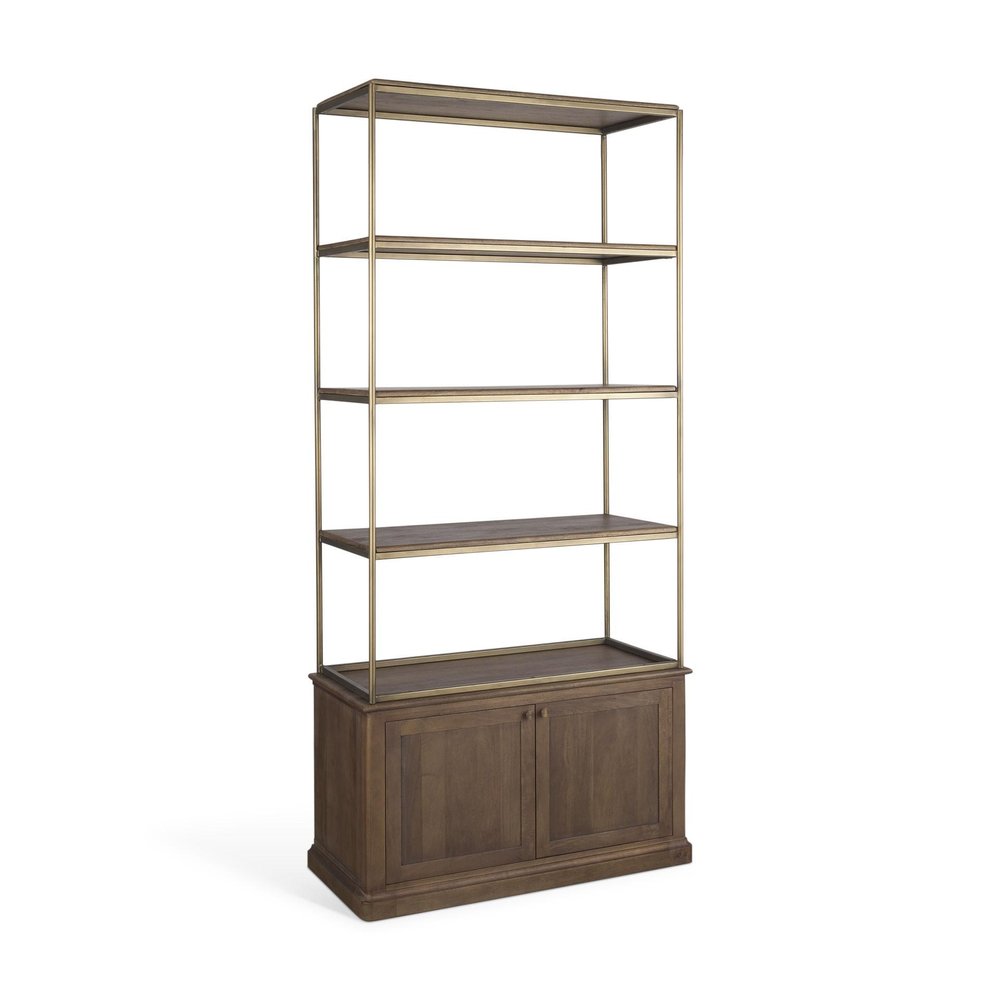 42" Antiqued Brass And Brown Distressed Metal and Solid Wood Four Tier Bookcase with Two Doors HomeRoots