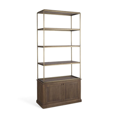 42" Antiqued Brass And Brown Distressed Metal and Solid Wood Four Tier Bookcase with Two Doors HomeRoots