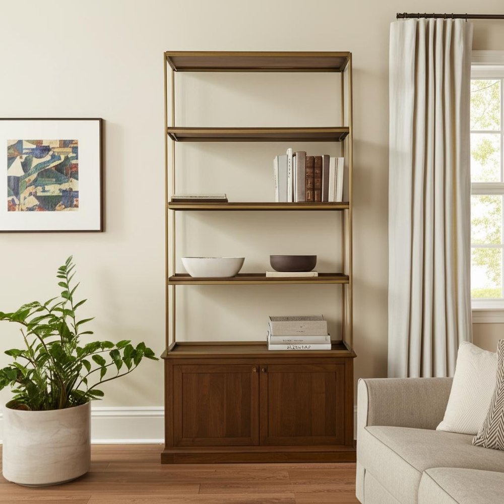 42" Antiqued Brass And Brown Distressed Metal and Solid Wood Four Tier Bookcase with Two Doors — view 5