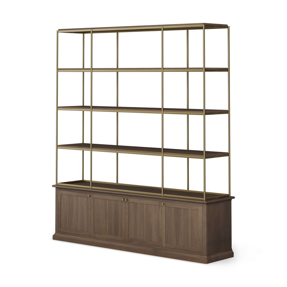 82" Antiqued Brass And Brown Distressed Metal and Solid Wood Four Tier Bookcase with Four Doors — view 1