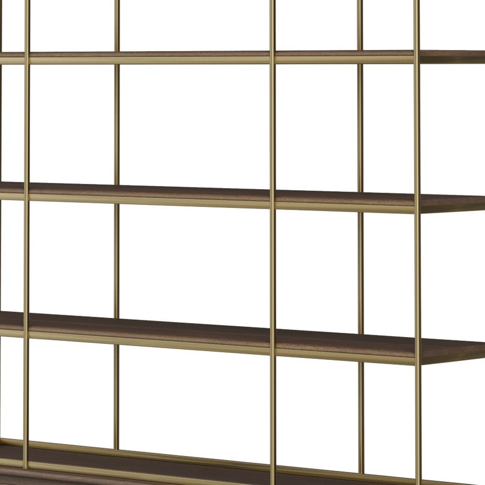 82" Antiqued Brass And Brown Distressed Metal and Solid Wood Four Tier Bookcase with Four Doors HomeRoots