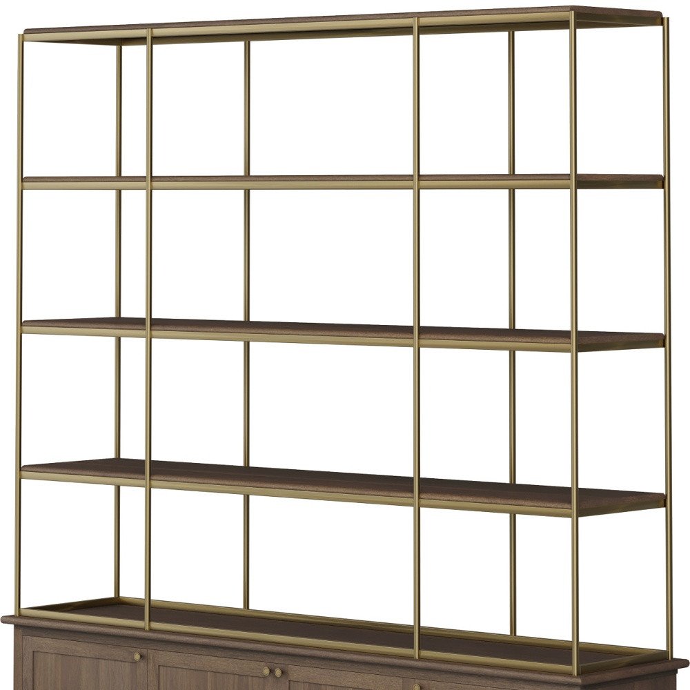 82" Antiqued Brass And Brown Distressed Metal and Solid Wood Four Tier Bookcase with Four Doors — view 3