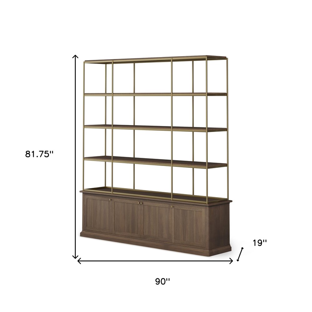 82" Antiqued Brass And Brown Distressed Metal and Solid Wood Four Tier Bookcase with Four Doors — view 4