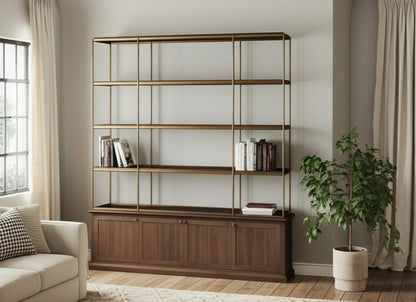 82" Antiqued Brass And Brown Distressed Metal and Solid Wood Four Tier Bookcase with Four Doors HomeRoots