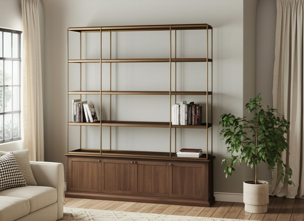 82" Antiqued Brass And Brown Distressed Metal and Solid Wood Four Tier Bookcase with Four Doors HomeRoots