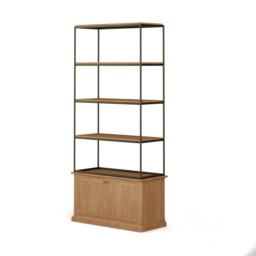 42" Antiqued Brass And Light Brown Distressed Metal and Solid Wood Four Tier Bookcase with Two Doors HomeRoots