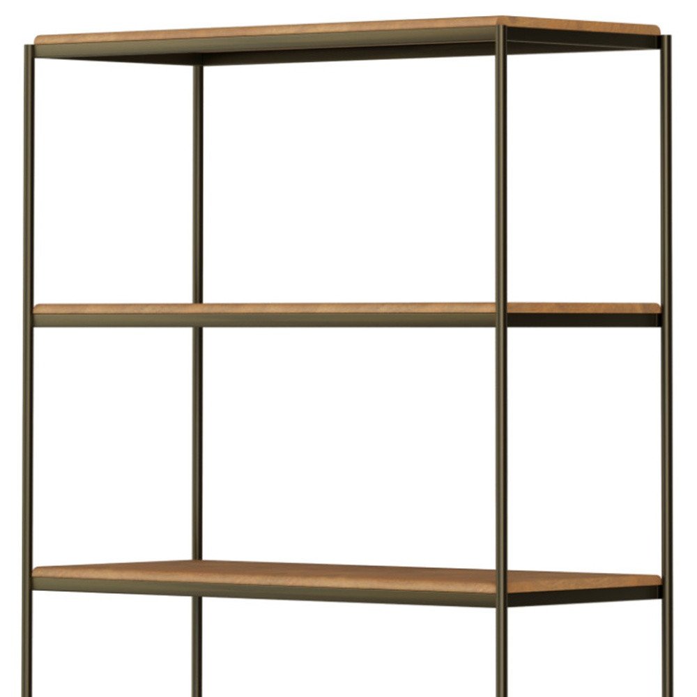 42" Antiqued Brass And Light Brown Distressed Metal and Solid Wood Four Tier Bookcase with Two Doors HomeRoots