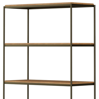 42" Antiqued Brass And Light Brown Distressed Metal and Solid Wood Four Tier Bookcase with Two Doors HomeRoots