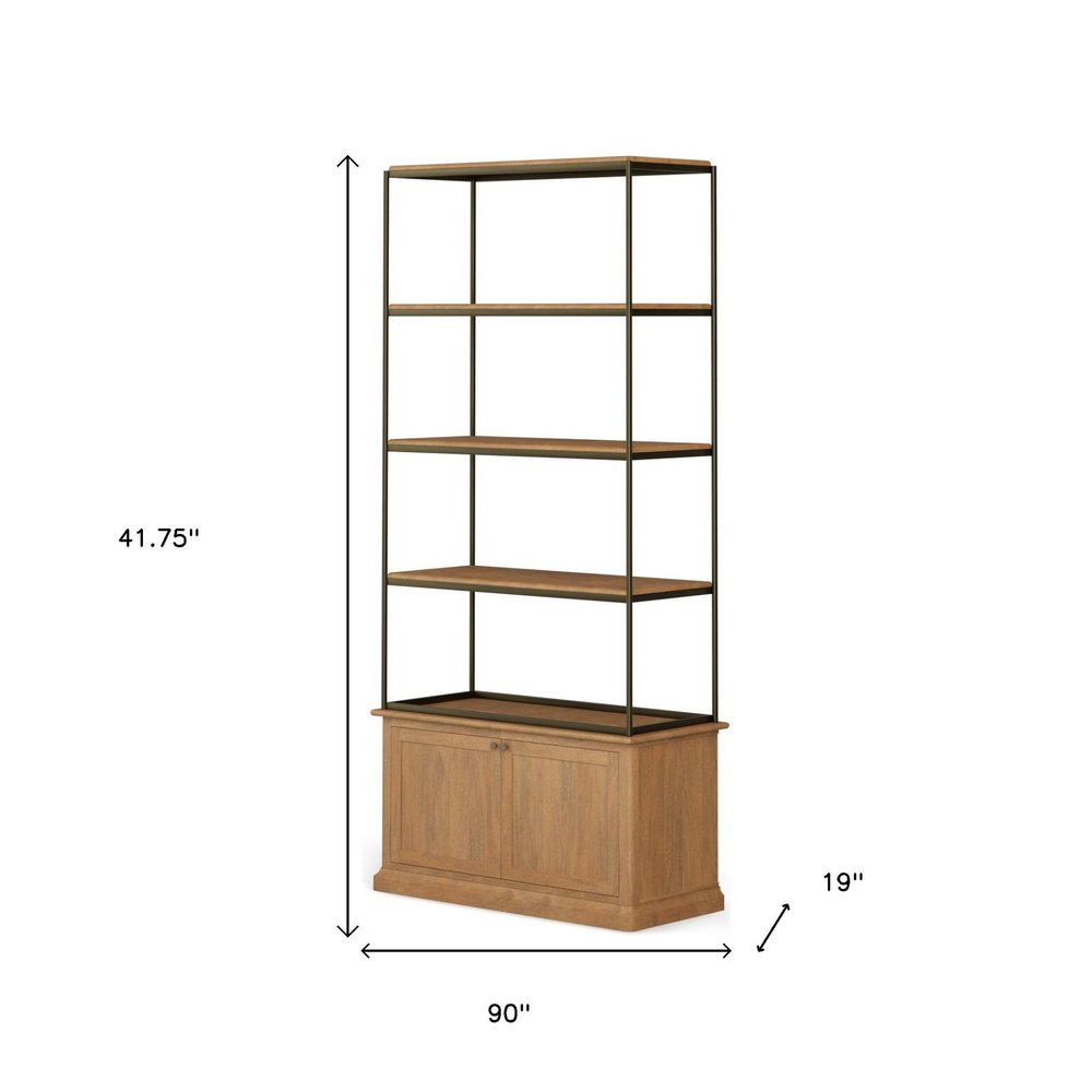 42" Antiqued Brass And Light Brown Distressed Metal and Solid Wood Four Tier Bookcase with Two Doors HomeRoots