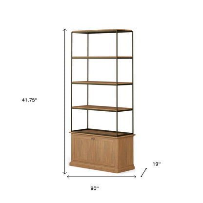 42" Antiqued Brass And Light Brown Distressed Metal and Solid Wood Four Tier Bookcase with Two Doors HomeRoots