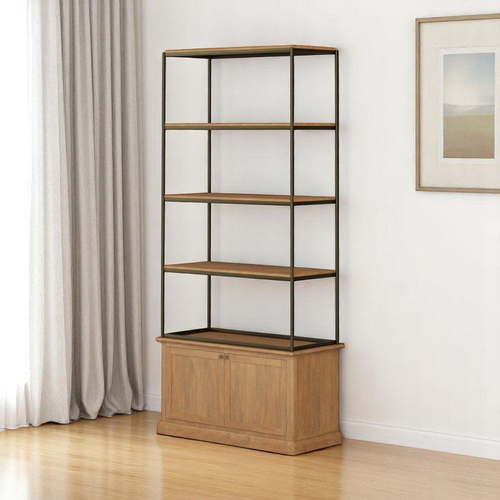 42" Antiqued Brass And Light Brown Distressed Metal and Solid Wood Four Tier Bookcase with Two Doors HomeRoots