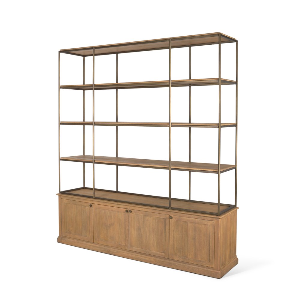 82" Antiqued Brass And Light Brown Distressed Metal and Solid Wood Three Tier Bookcase with Four Doors — view 2
