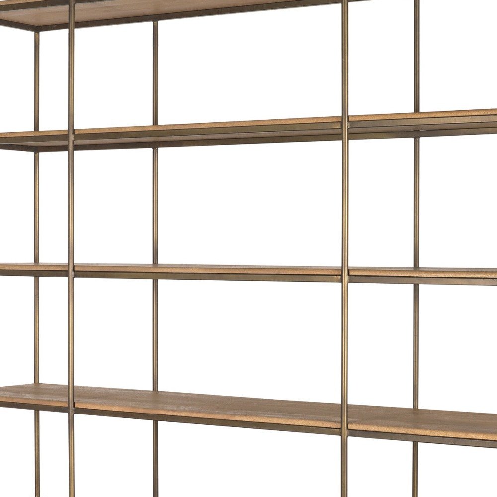 82" Antiqued Brass And Light Brown Distressed Metal and Solid Wood Three Tier Bookcase with Four Doors HomeRoots