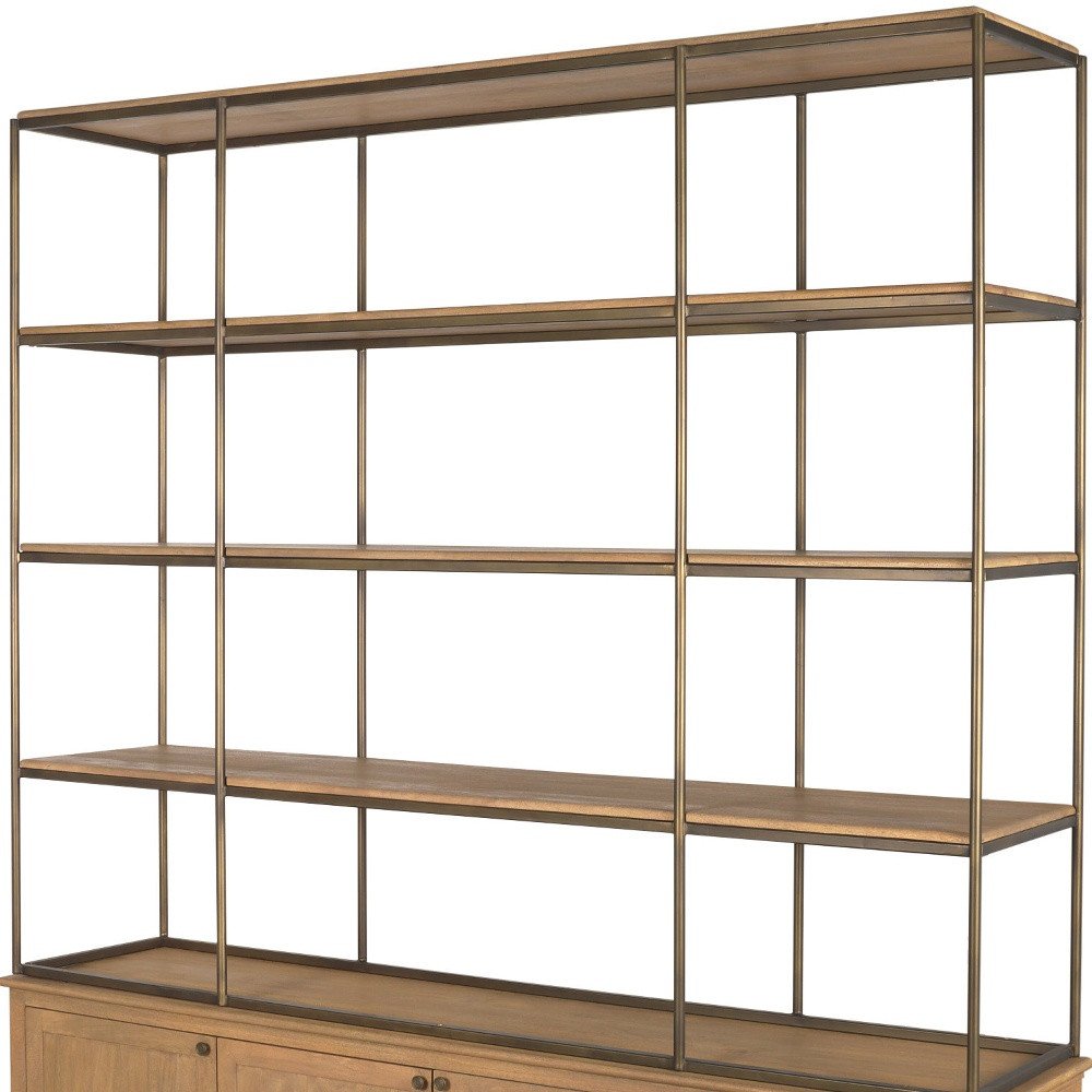 82" Antiqued Brass And Light Brown Distressed Metal and Solid Wood Three Tier Bookcase with Four Doors HomeRoots