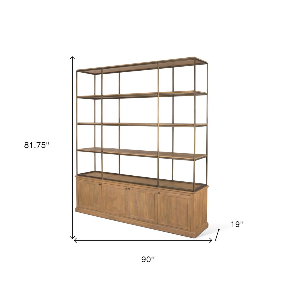 82" Antiqued Brass And Light Brown Distressed Metal and Solid Wood Three Tier Bookcase with Four Doors — view 5