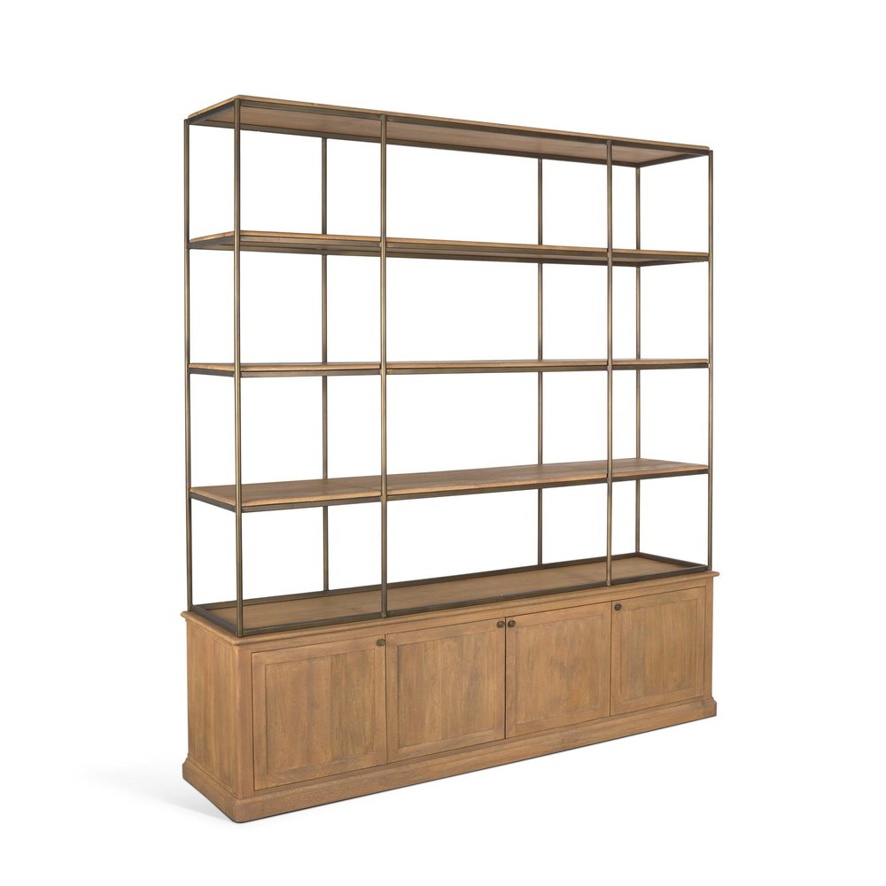 82" Antiqued Brass And Light Brown Distressed Metal and Solid Wood Three Tier Bookcase with Four Doors HomeRoots