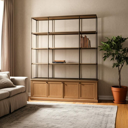 82" Antiqued Brass And Light Brown Distressed Metal and Solid Wood Three Tier Bookcase with Four Doors HomeRoots