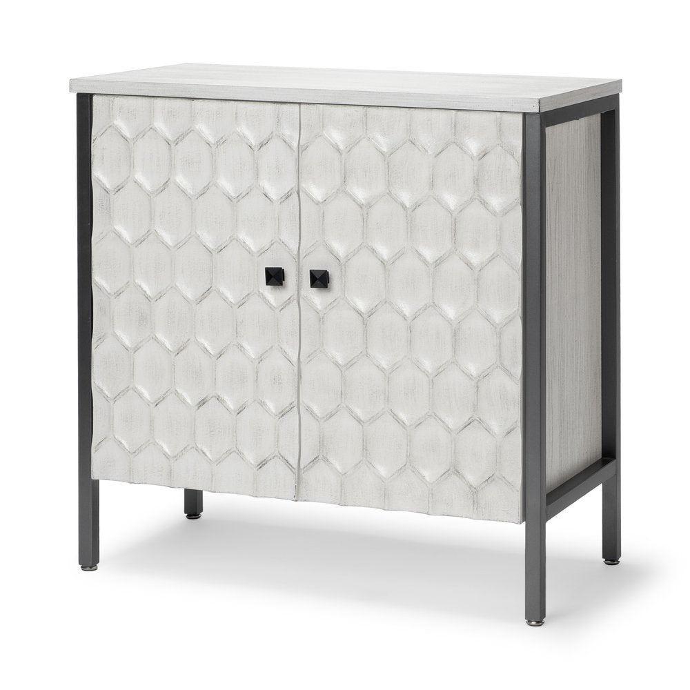 32" White and Gray Wood and Metal Carved Geometric Accent Cabinet With Two Doors HomeRoots