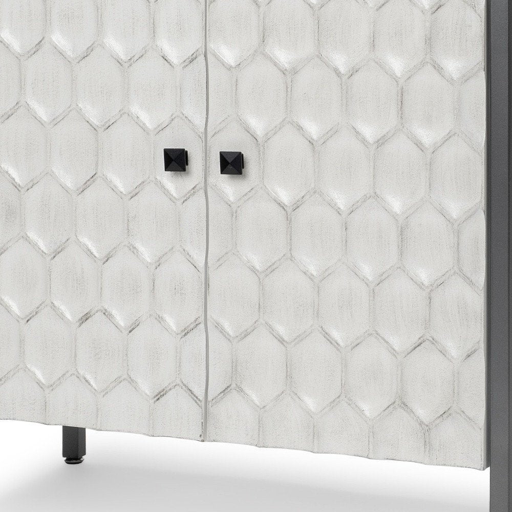 32" White and Gray Wood and Metal Carved Geometric Accent Cabinet With Two Doors HomeRoots