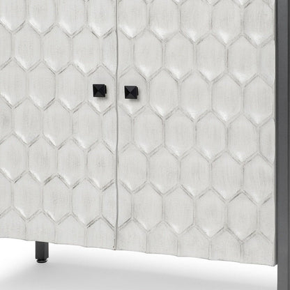 32" White and Gray Wood and Metal Carved Geometric Accent Cabinet With Two Doors HomeRoots