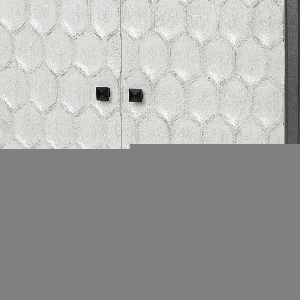 32" White and Gray Wood and Metal Carved Geometric Accent Cabinet With Two Doors HomeRoots