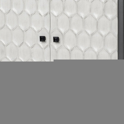 32" White and Gray Wood and Metal Carved Geometric Accent Cabinet With Two Doors HomeRoots