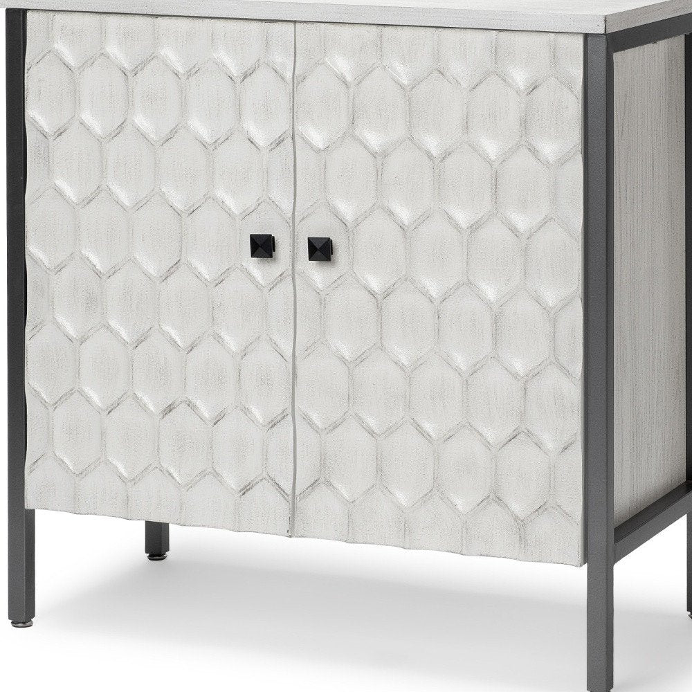 32" White and Gray Wood and Metal Carved Geometric Accent Cabinet With Two Doors HomeRoots